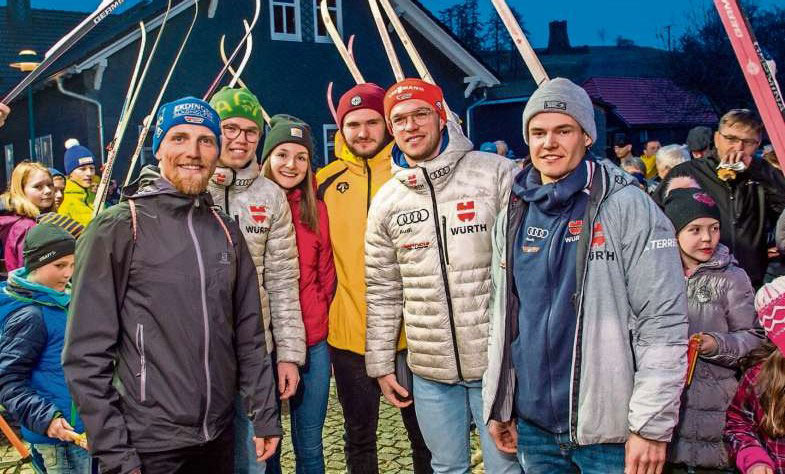 03.03.2020: Empfang der Wintersportler des SV Eintracht Frankenhain: Erik Lesser, Oscar Barchewitz, Nathalie Keller, Stefan Röttig, Max Barchewitz, Philipp Horn (Foto: Gerhard König)